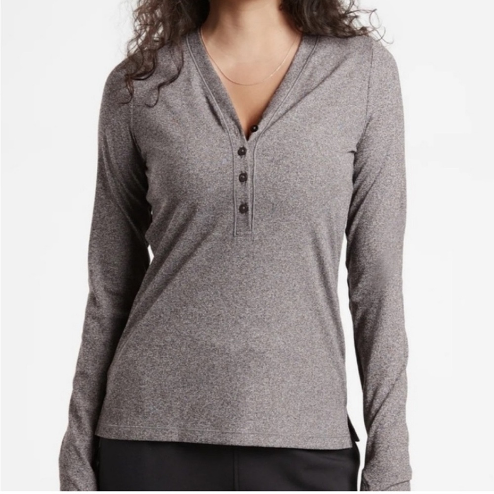 Athleta Uptempo Ribbed Henley Tee Women’s Size L Long Sleeves Athletic V-Neck